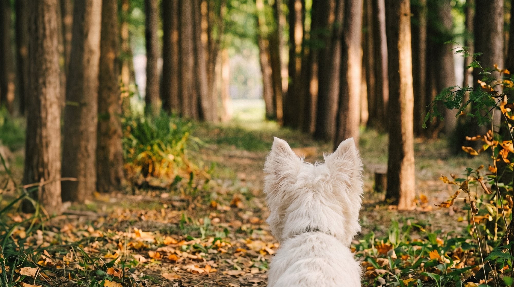 Sky, a West Highland terrier, seen from behind on a woodland path in autumn